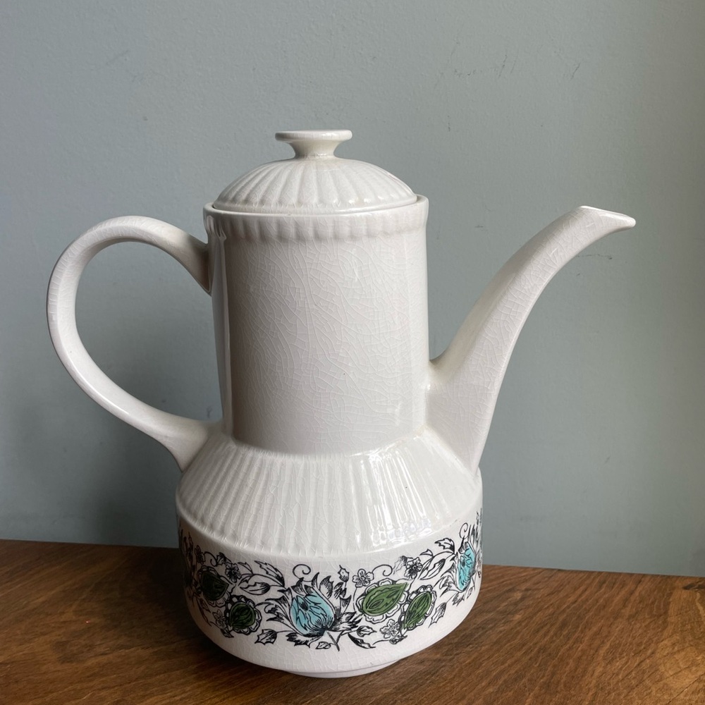 Vintage Kathie Winkle Broadhurst White Teapot with Leaf Motif